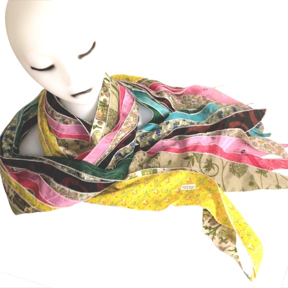 Handmade Patchwork Silk Rayon Ribbon Scarf‎ Multicolor Boho Mixed Print 76x10